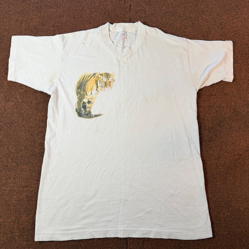 B+ Vintage Fruit of the Loom Tiger Graphic T-Shirt White Single Stitch 90s Large